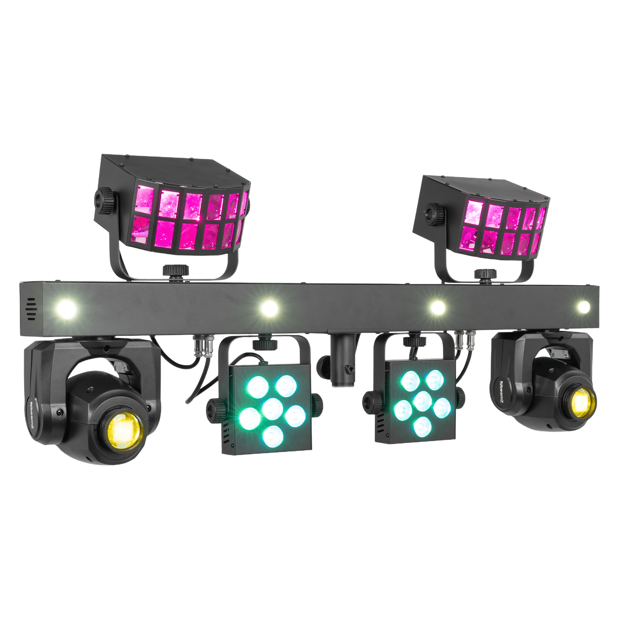 BEAMZ SHOWBAR GO GLOW WITH 2x MOVING HEAD 2x DERBY 2x PAR AND STROBE 2x 30W 2x 4x 10W 4x 3W 2x 6x 2W RGBW
