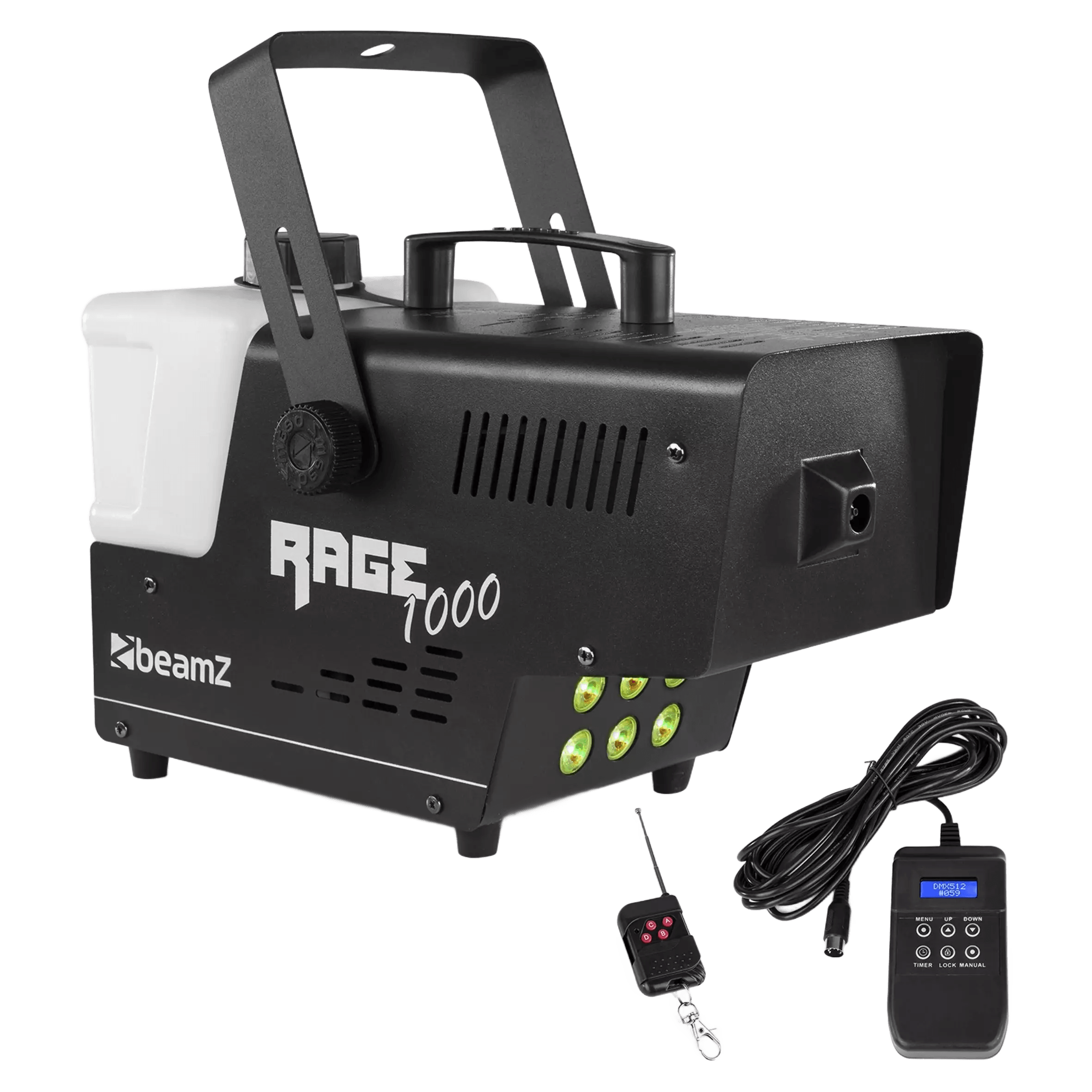 BEAMZ RAGE1000LED SMOKE MACHINE 1000W RGB 6x 9W WIRELESS REMOTE