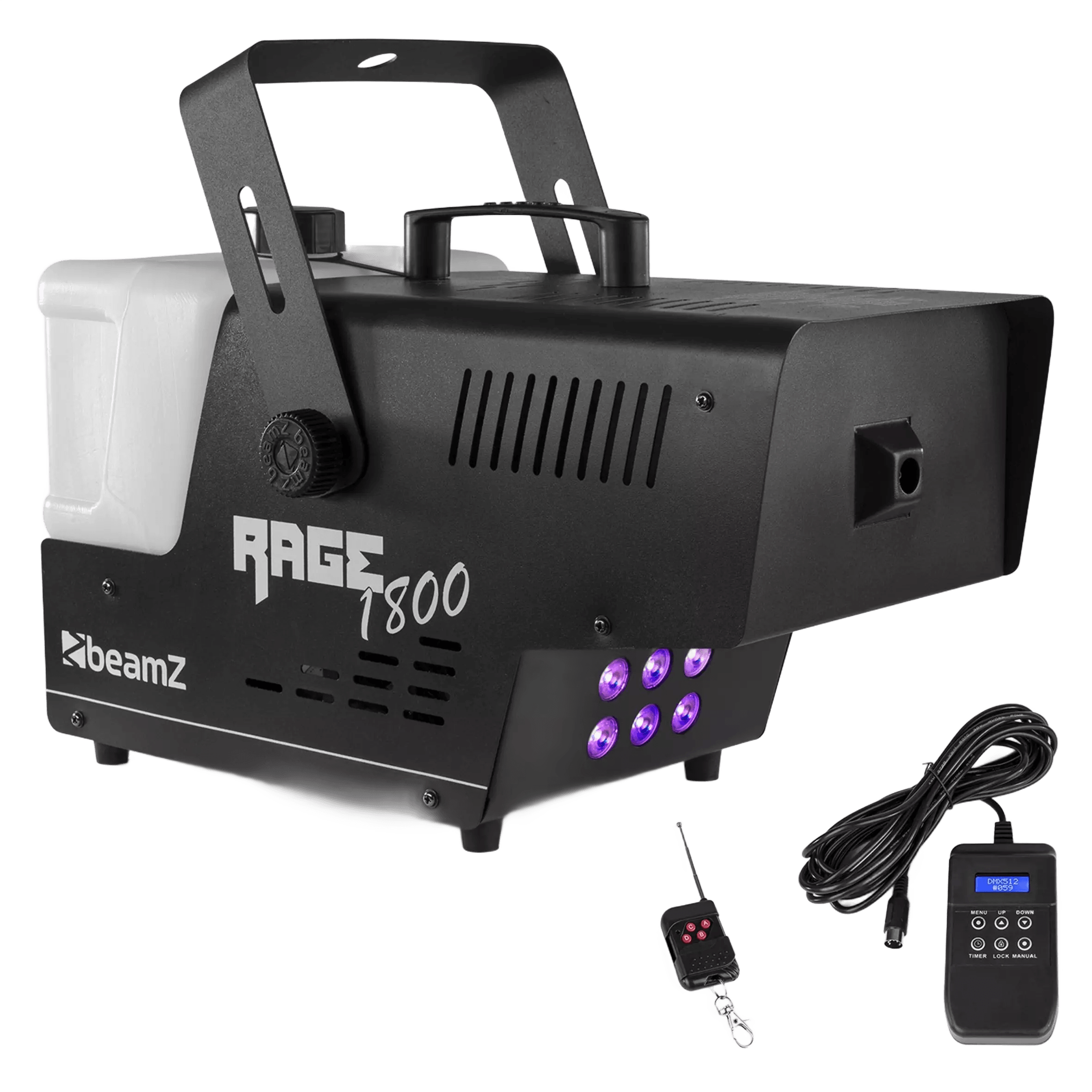 BEAMZ RAGE1800LED SMOKE MACHINE 1800W RGBA 6x 9W WIRELESS REMOTE