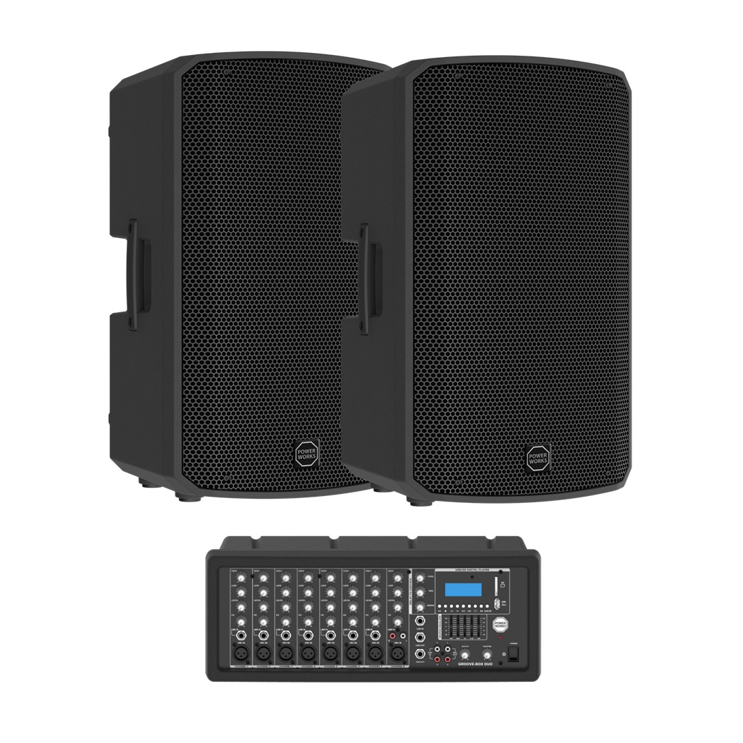 Powerworks Groove-BOX DUO 2 X 12” Passive PA Speakers+ 8 CH Powermixer
